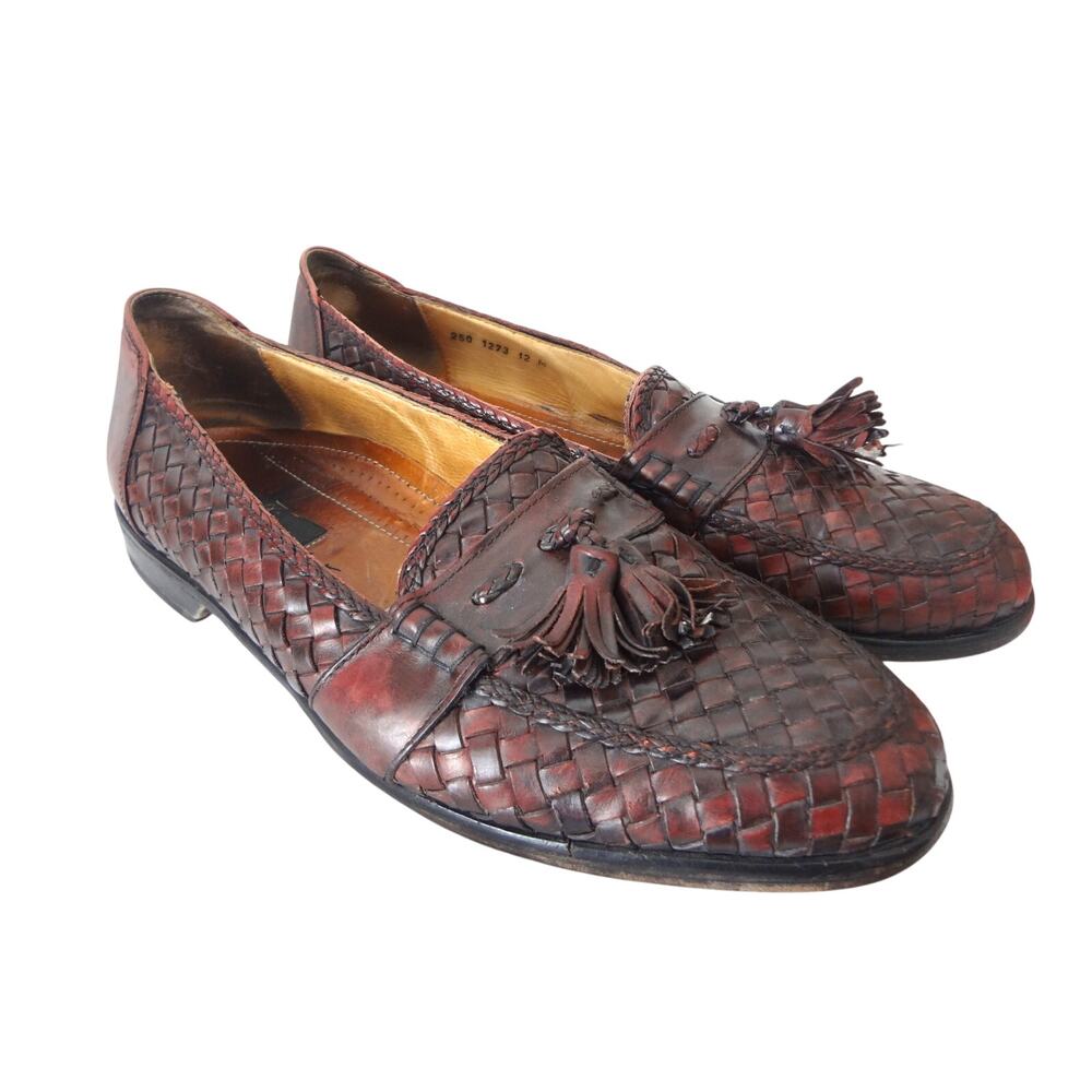 Vintage 90s Zelli Burgundy Brown Braided Woven Leather Tassel Loafer Mens 12